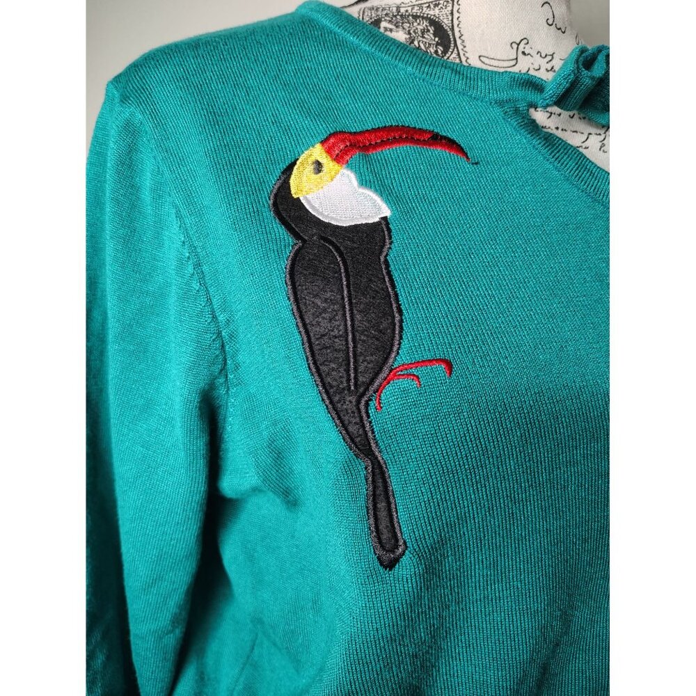 Belle Poque 2XL Teal Blue Sweater Toucan Bird Applique, Keyhole Neck, Retro READ